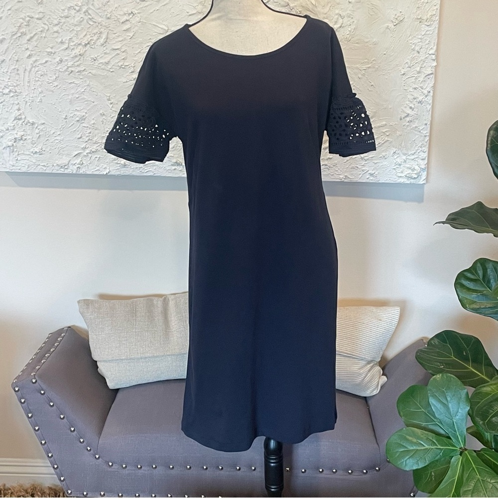 Talbots Eyelet Interlock Shift Dress Short Sleeve Cotton Navy Blue Sz M NWT